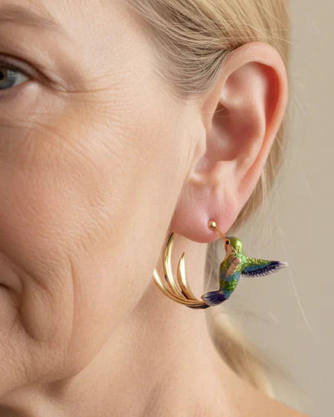 Vintage Enamel Hummingbird Hoop Earrings