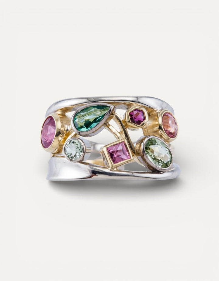 Vintage Colourful Gold and Silver Glass Ring