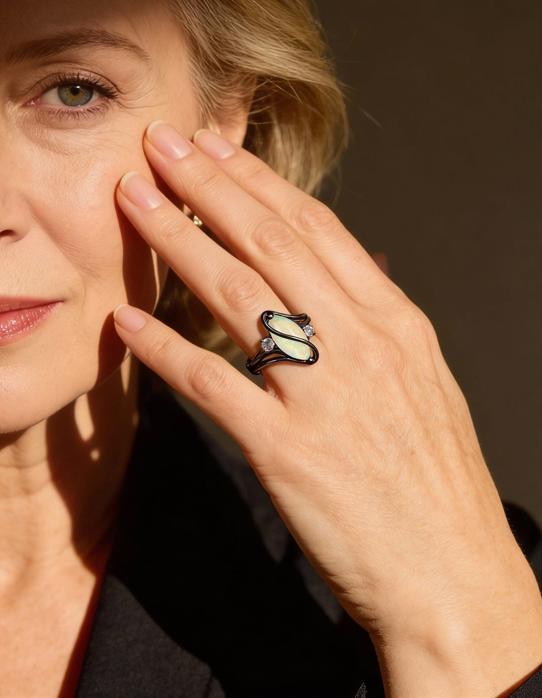 Vintage Black Silver Opal and Crystal Detail Ring