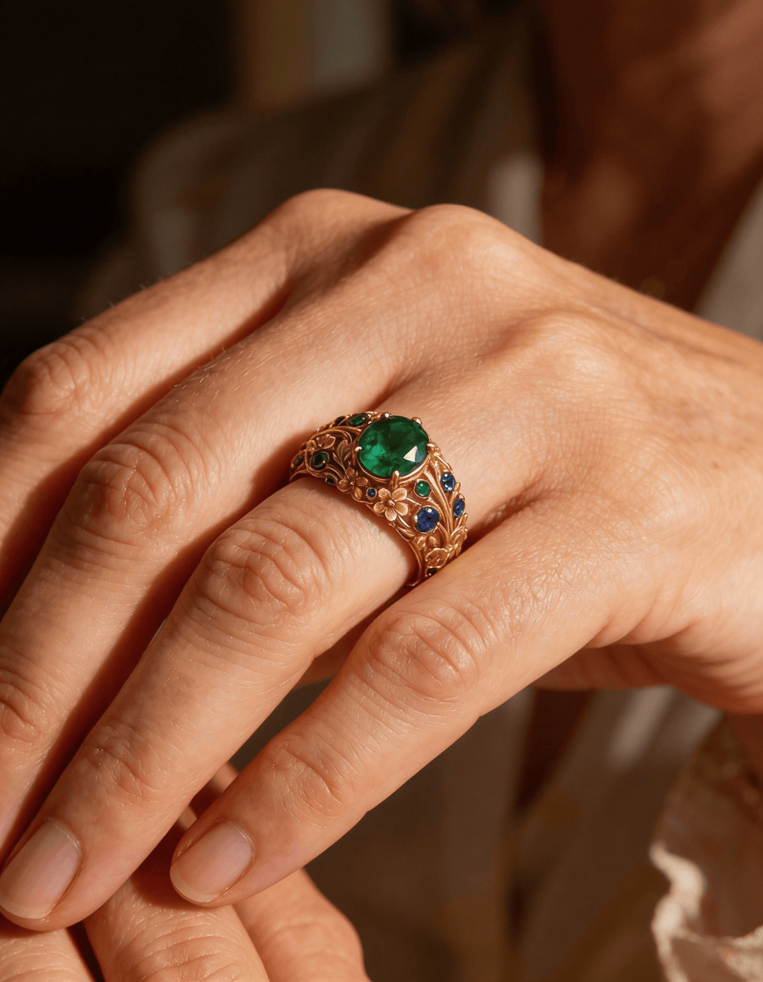 Gold Green and Blue Crystal Ring