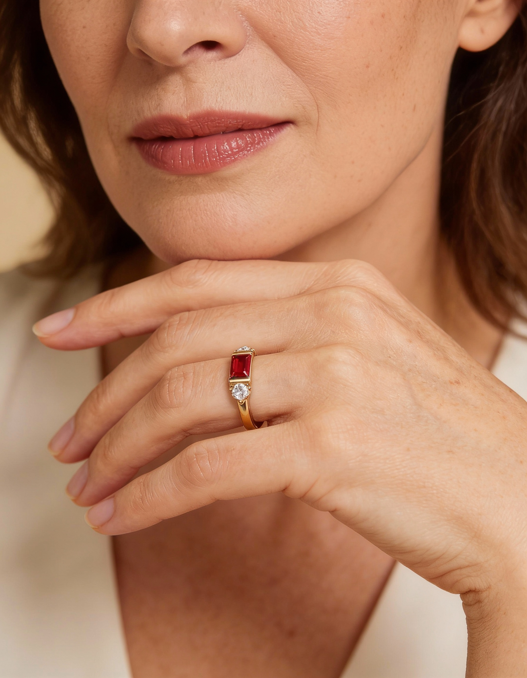 Gold Red Centre Stone and Sparkling Ring