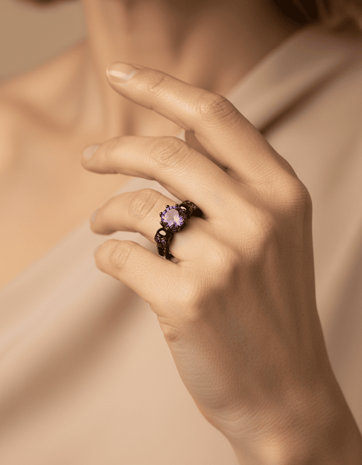 Vintage Round Black Purple Gemstone and Intricate Design Ring