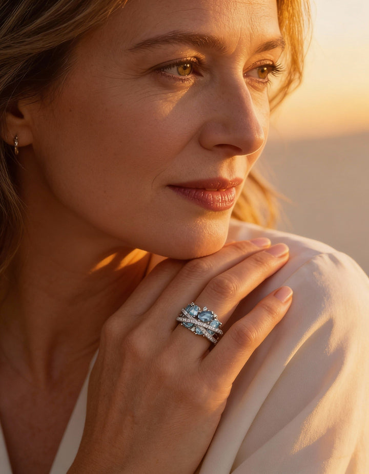 Silver Cross and Blue Gemstone Ring