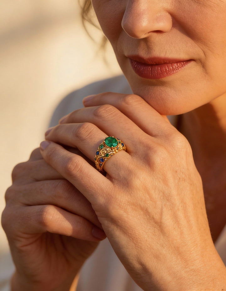 Gold Green and Blue Crystal Ring