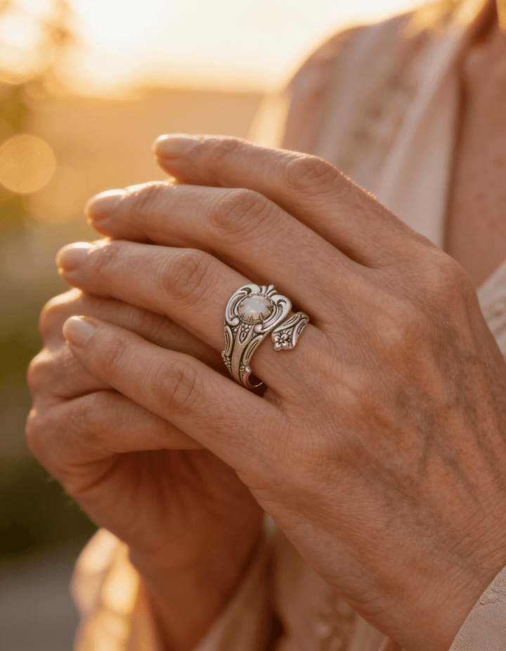 Adjustable White Opal Spoon Ring