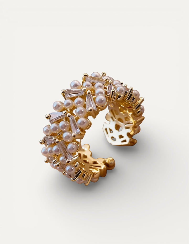 Adjustable Vintage Gold Pearl and Crystal Ring