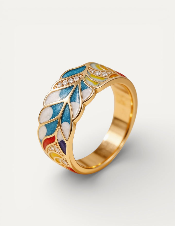 Vintage Gold Colourful Enamel Leaf Ring