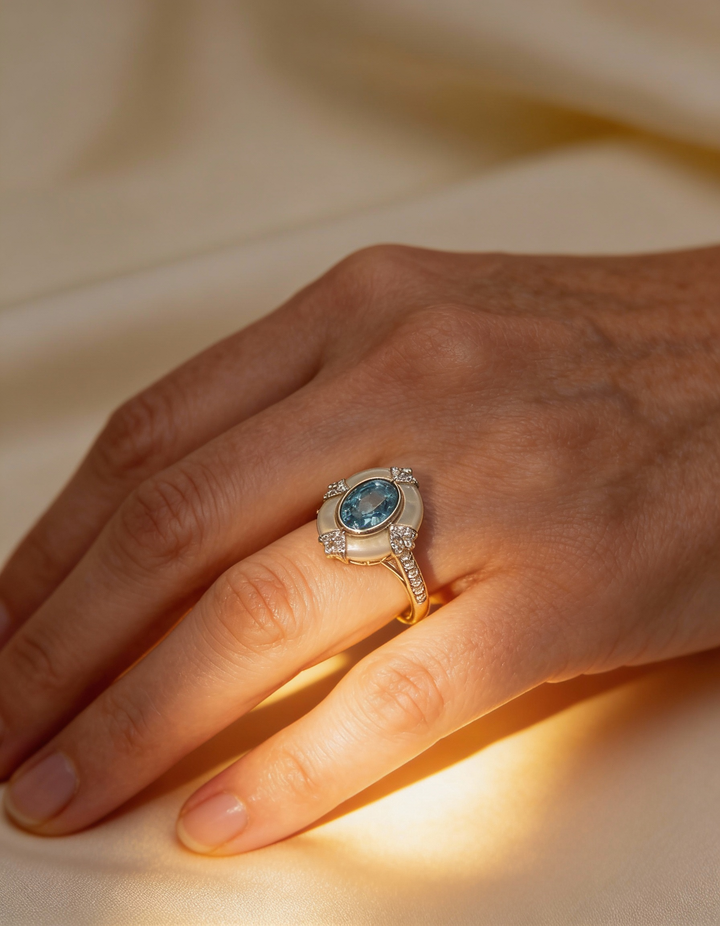 Timeless Adjustable Vintage White Silver and Aquamarine Ring