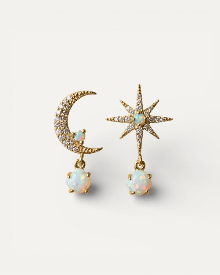 Gold Moon and Star Opal Earrings