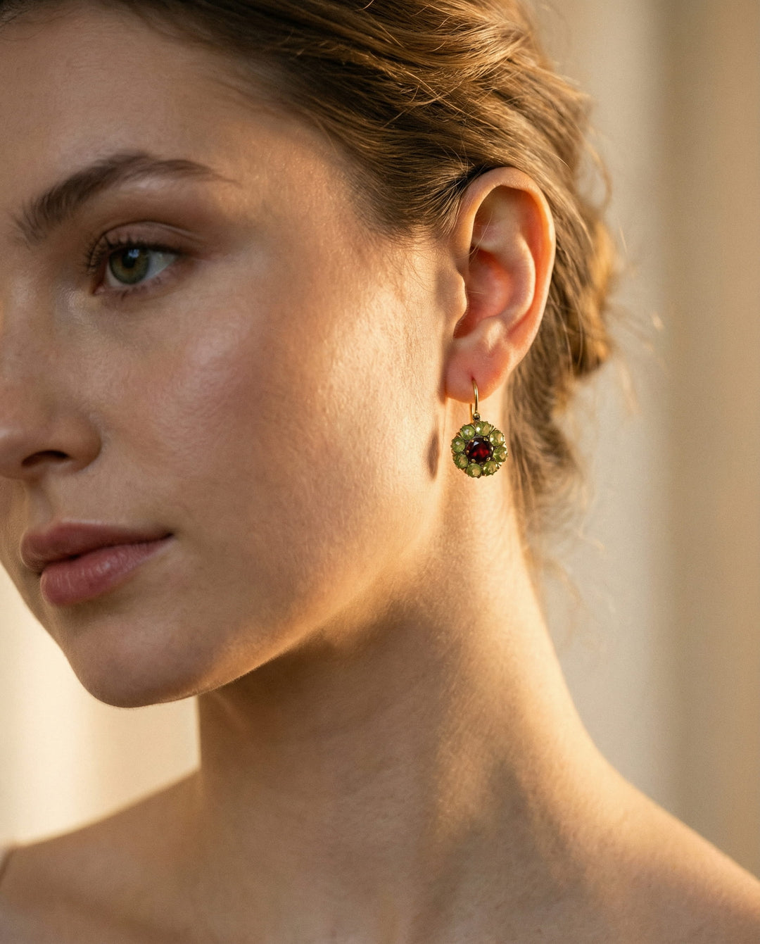 Vintage Round Earrings with Green and Red Crystals