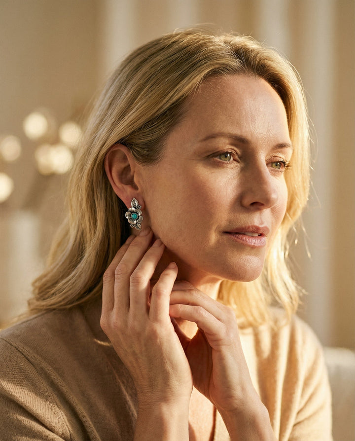 Sterling Silver Boho Blue Opal Flower Earrings