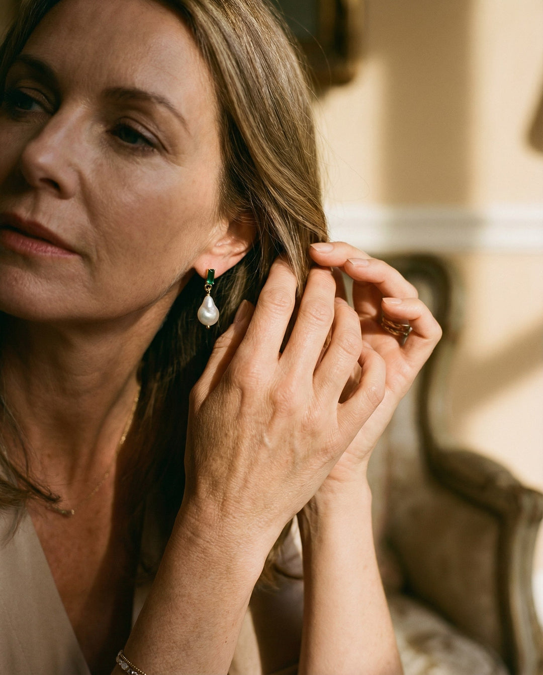 Gold Emerald and Pearl Earrings