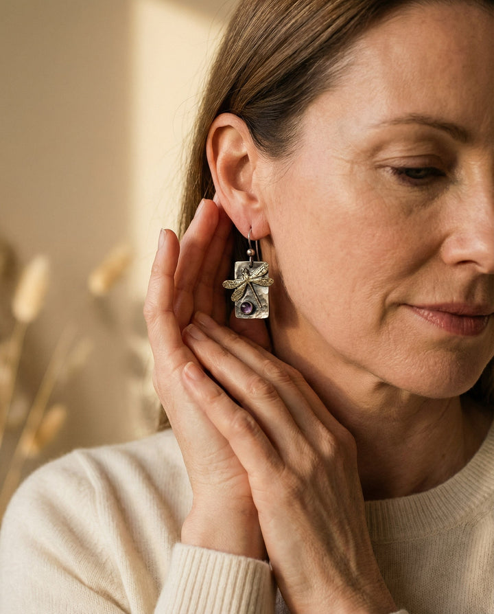Vintage Purple Crystal Dragonfly Earrings
