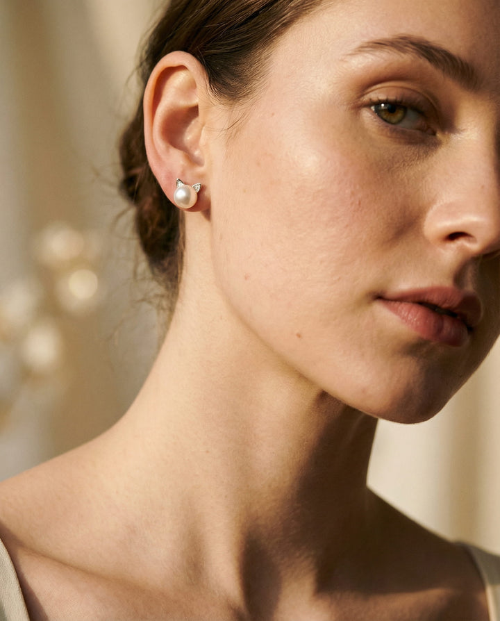 Earrings Kittens with Cultured Pearls and Silver