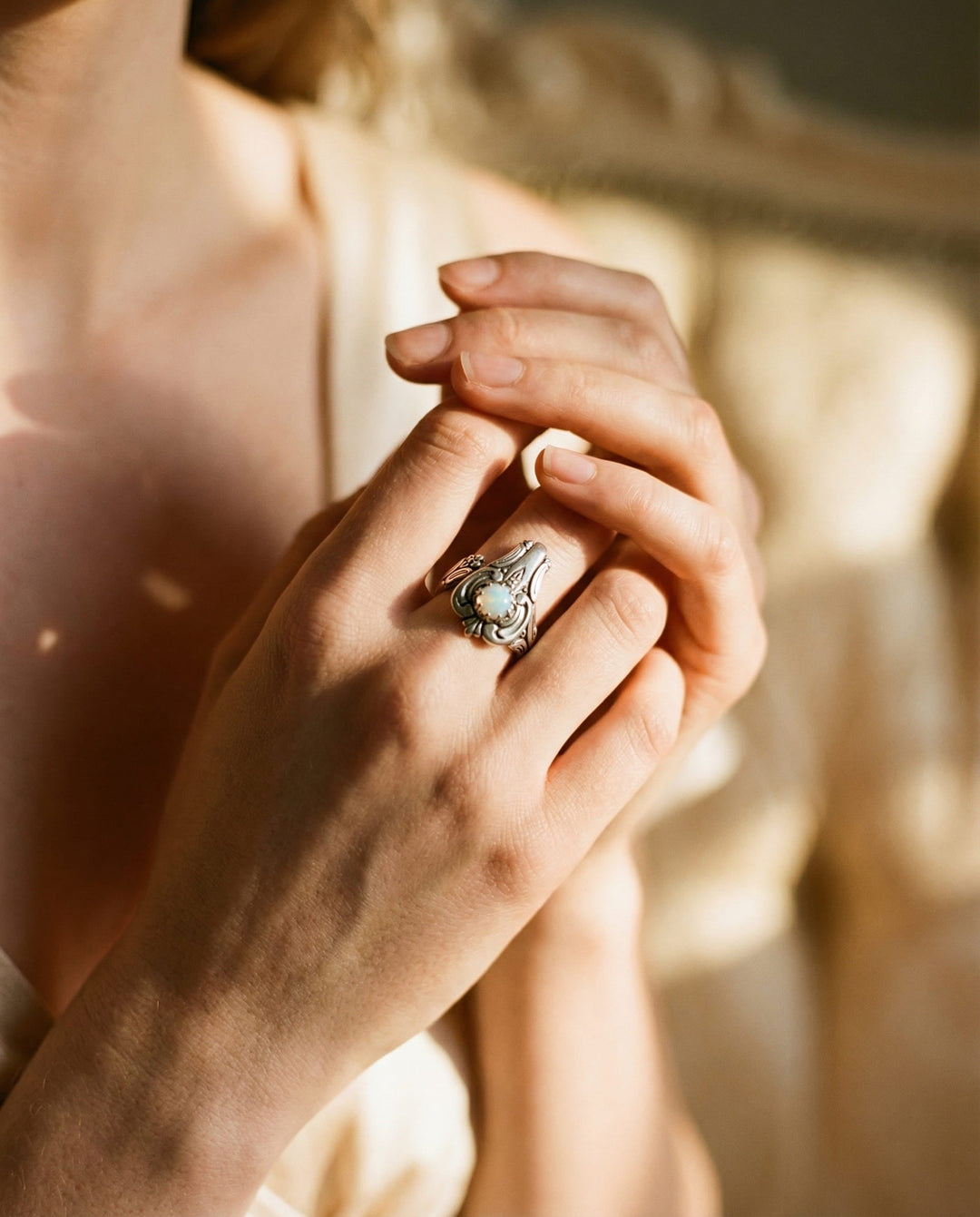Adjustable White Opal Spoon Ring