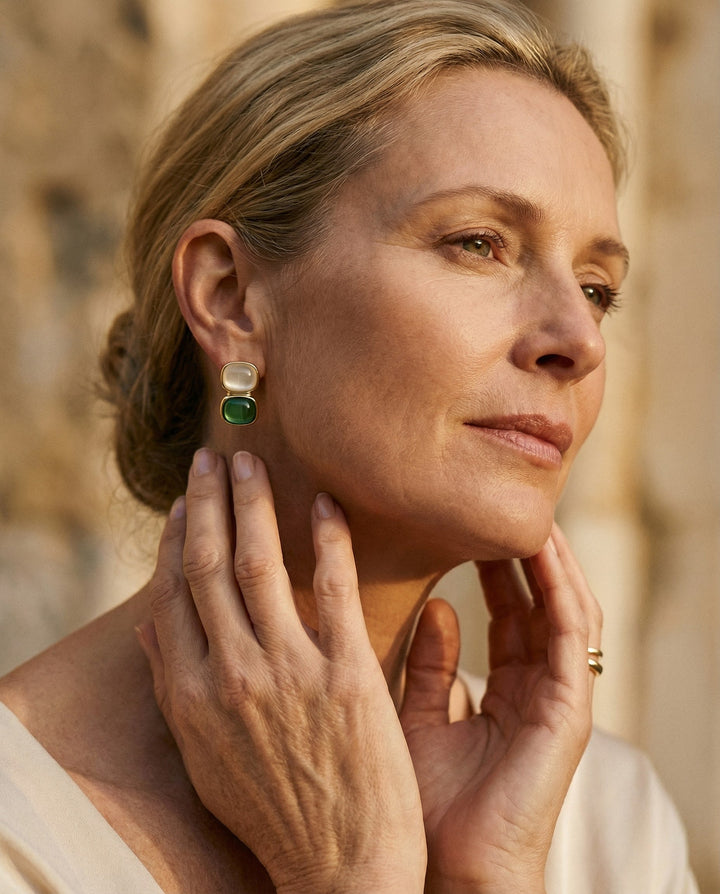 Elegant White and Green Stone Gold Earrings