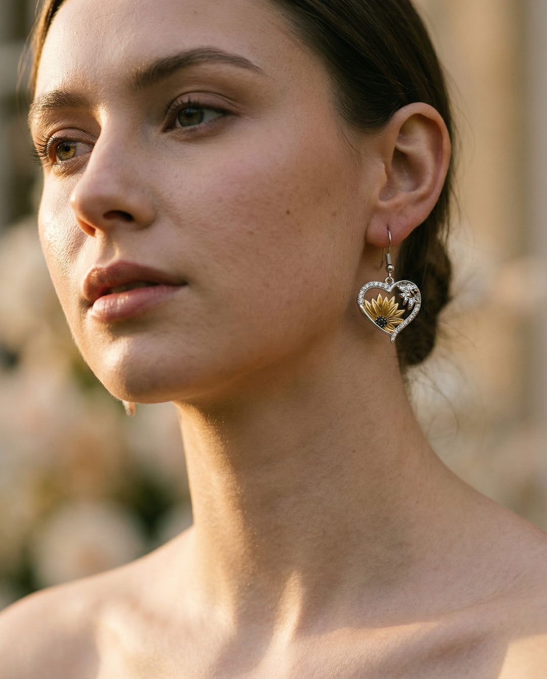 Vintage Boho Sunflower and Bee Heart Drop Earrings