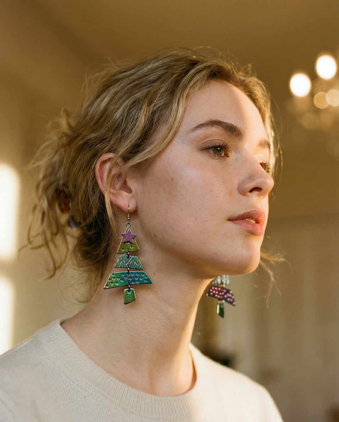 Mixed Metal Christmas Tree Drop Earrings