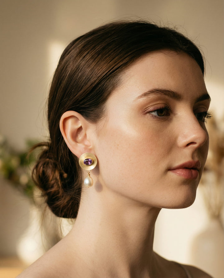 Gold Purple Detail and Pearl Earrings