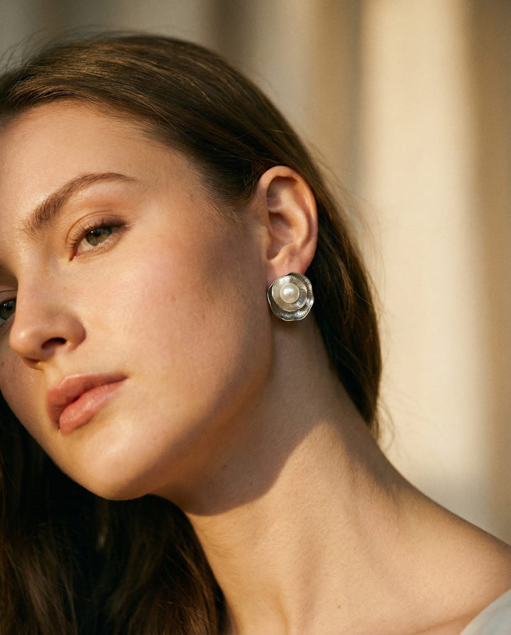 Vintage Silver Pearl and Petal Earrings