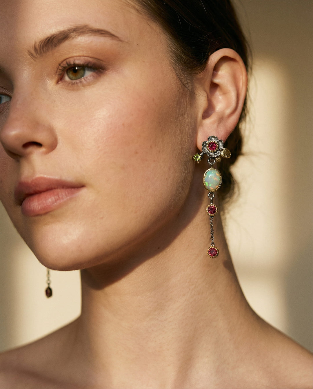 Vintage Gold Blue Opal and Red Crystal Earrings