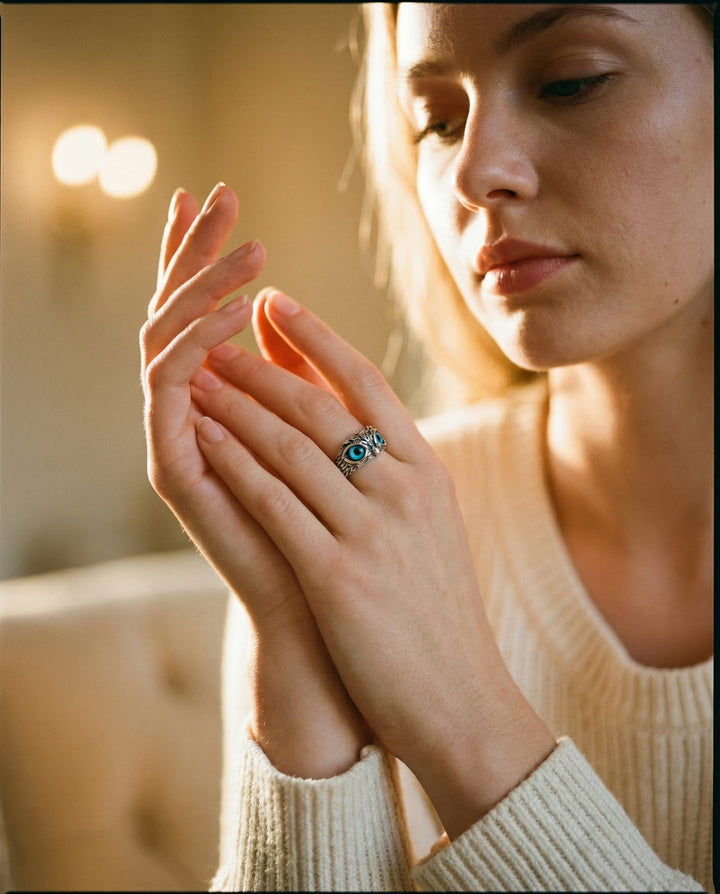 Adjustable Silver Lucky Owl Opal Ring