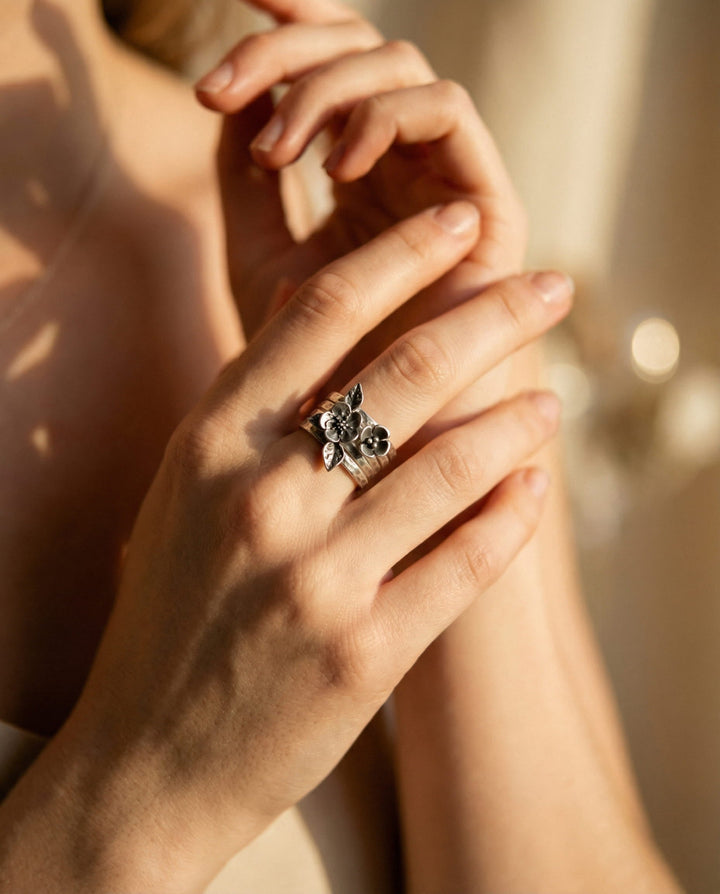 Vintage Layered Silver Flower Ring