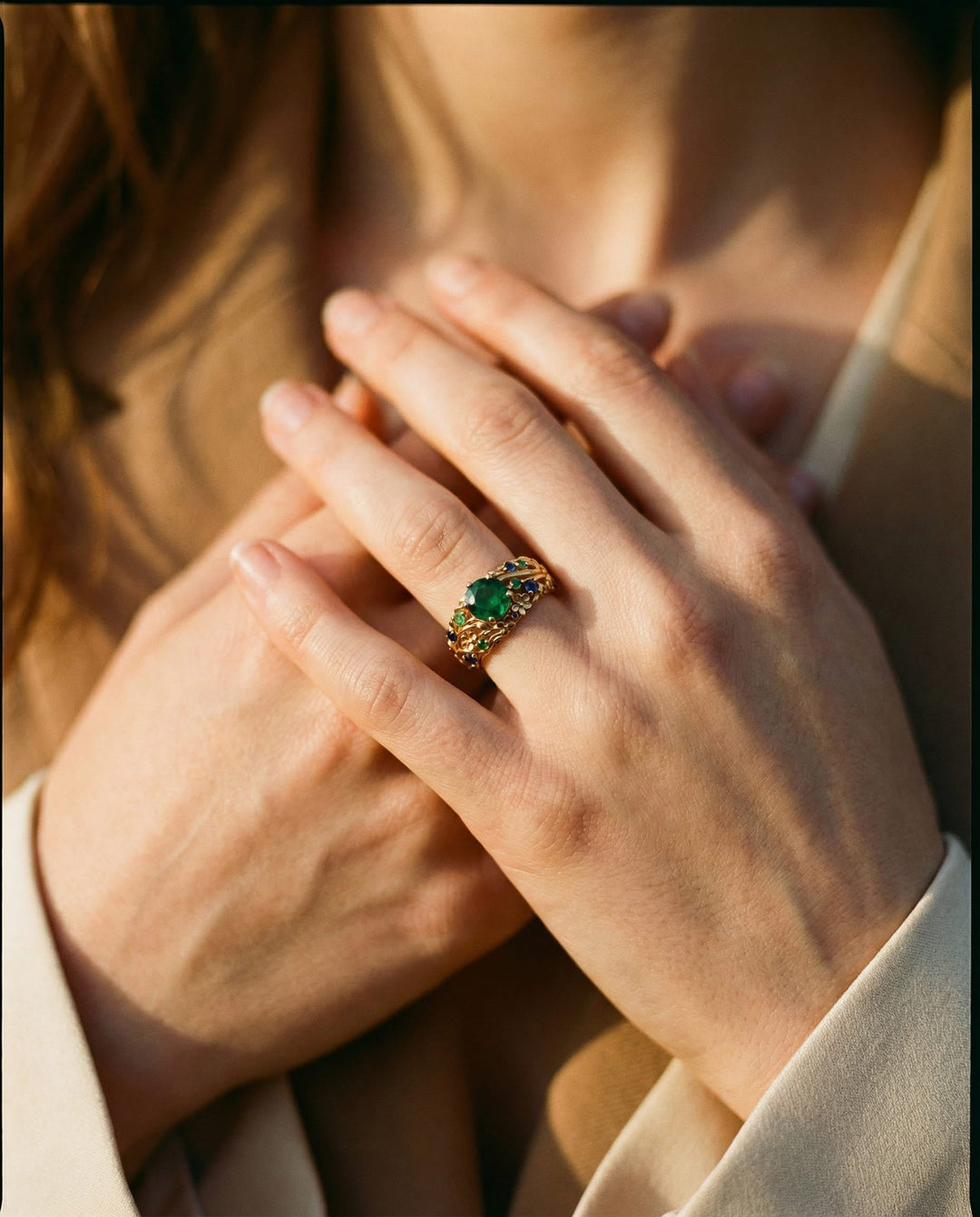 Gold Green and Blue Crystal Ring