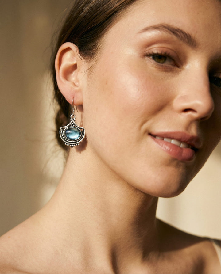 Vintage Blue Oval Gemstone Necklace and Earrings Set