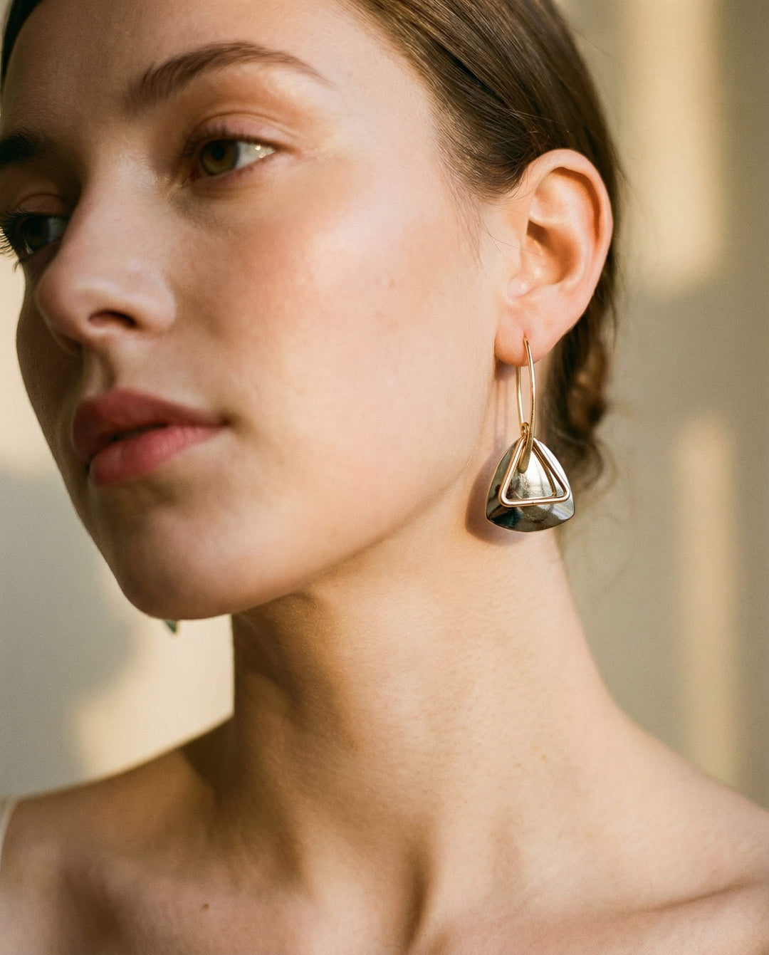 Retro Silver Triangular Pendant and Curved Hook Earrings