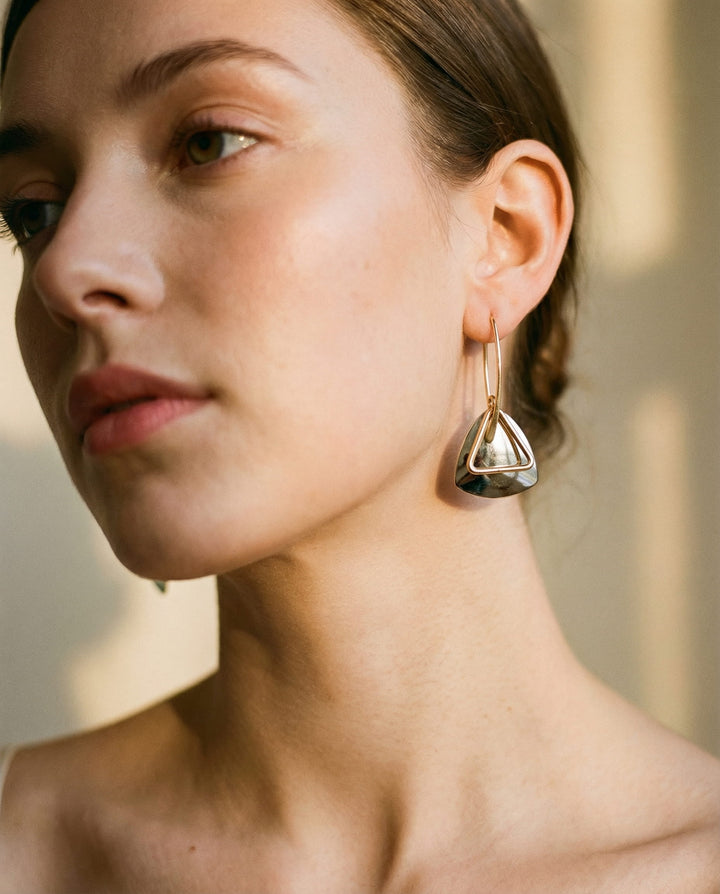 Retro Silver Triangular Pendant and Curved Hook Earrings