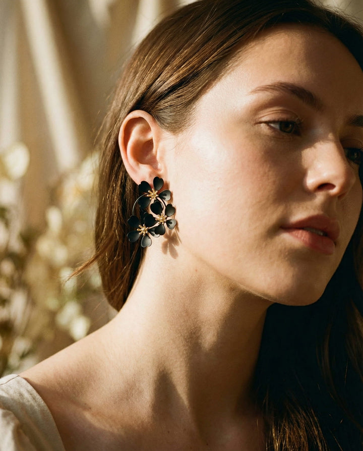 Vintage Black Flower Drop Earrings