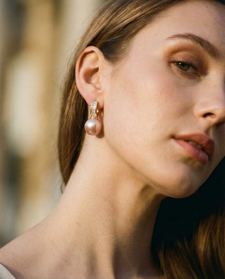 Gold Earrings with Pink Pearl and Cubic Zirconia