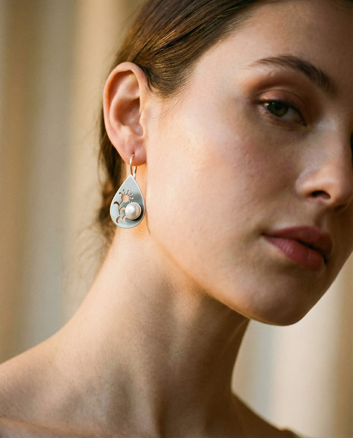 Vintage Drop Earrings with Flower and Pearl