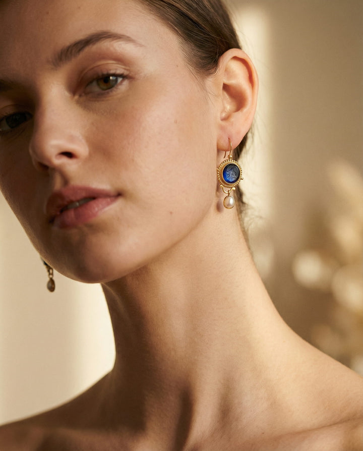 Vintage Gold Earrings with Blue Pearls