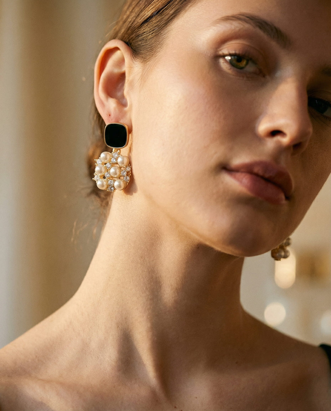 Pearl Earrings with Black Opal in Gold