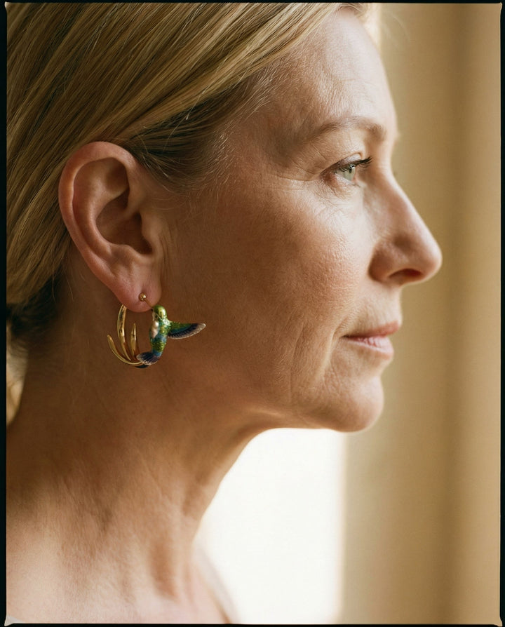 Vintage Enamel Hummingbird Hoop Earrings