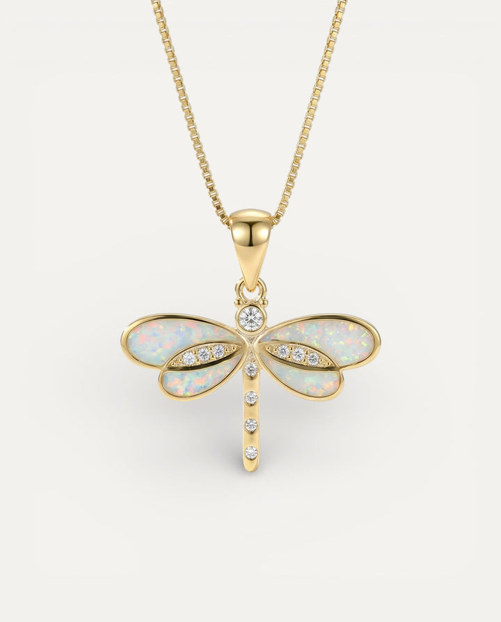 Dragonfly Necklace in Gold with Opal
