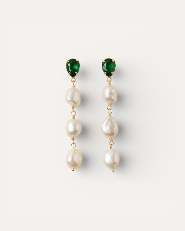 Gold Emerald and Pearl Drop Earrings