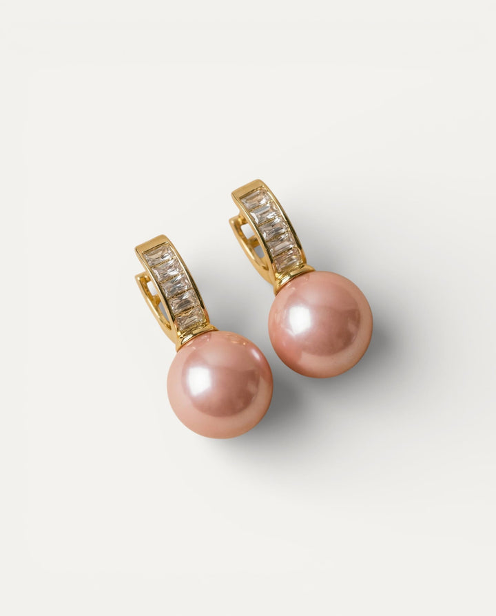 Gold Pink Pearl Cubic Zirconia Earrings
