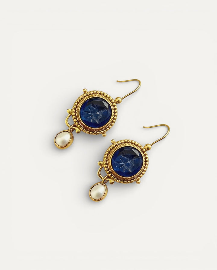 Vintage Gold Earrings with Blue Pearls