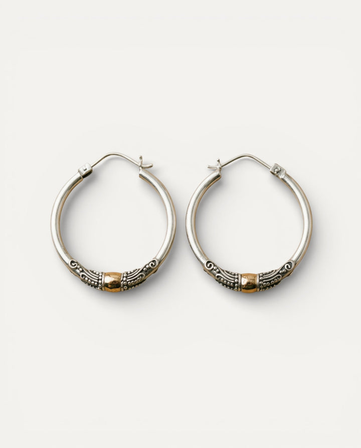 Vintage Silver Hoop Earrings with Carved Pattern