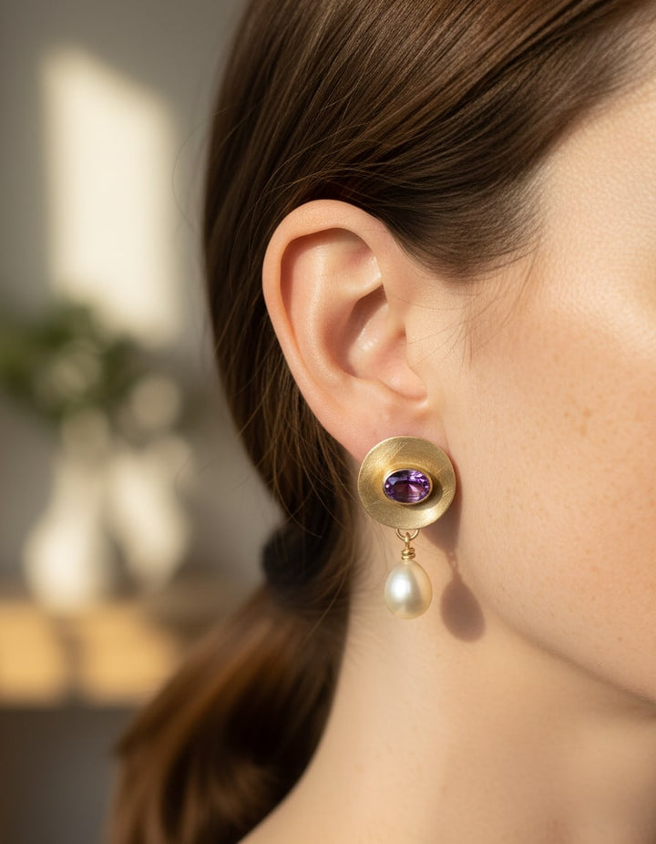 Gold Purple Detail and Pearl Earrings