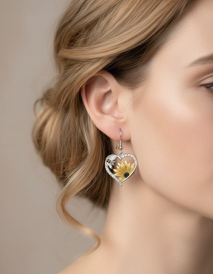 Vintage Boho Sunflower and Bee Heart Drop Earrings