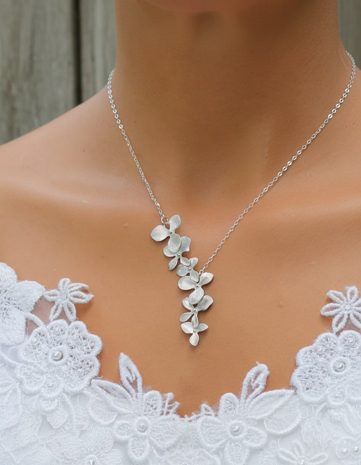 Silver Petal Necklace and Earrings Set