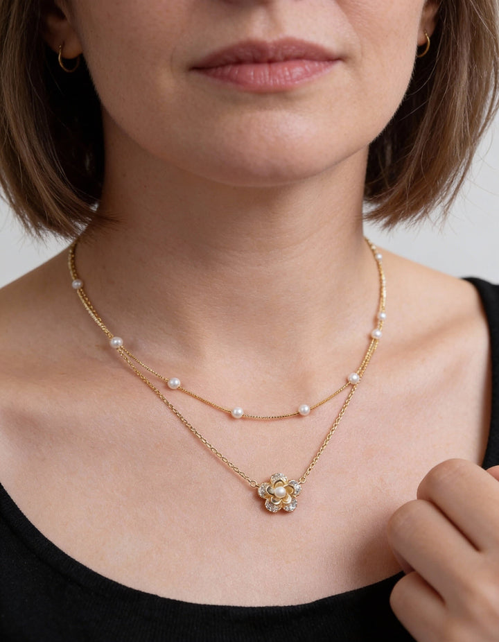 Double-Layer Pearl Flower Necklace