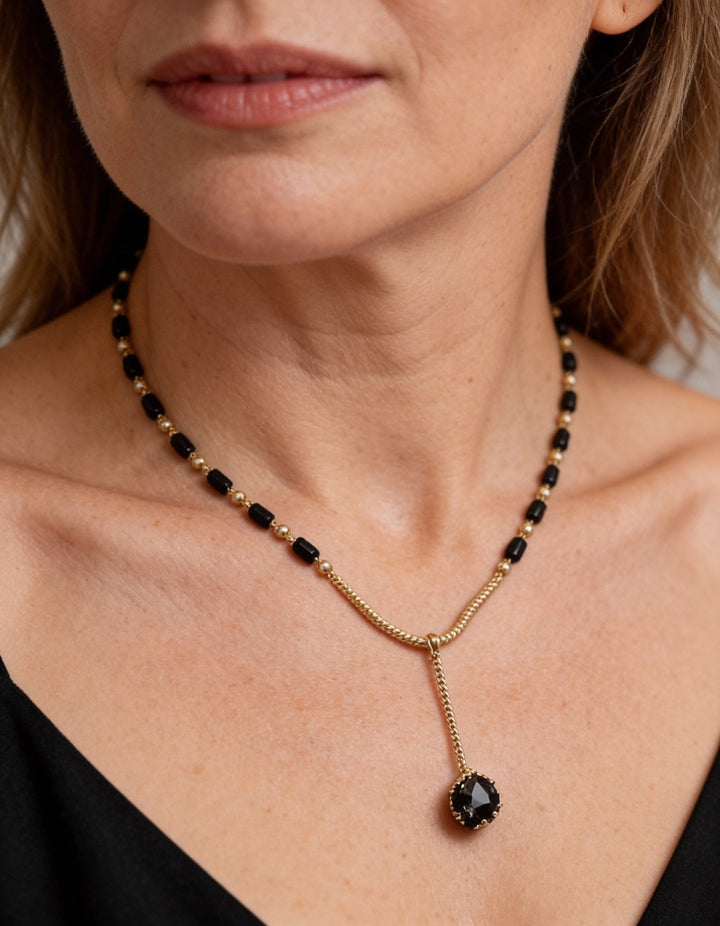 Vintage Black Bead Necklace with Droplet Pendant