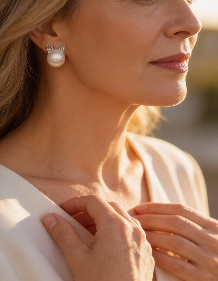 Earrings Kittens with Cultured Pearls and Silver