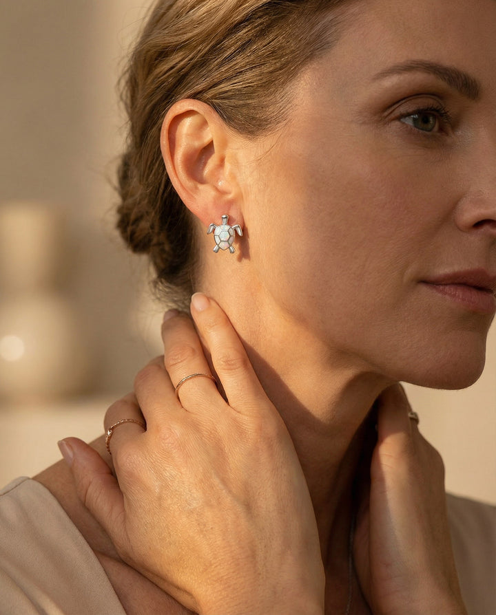 Sea Turtle Necklace and Earring Set in Opal and Silver