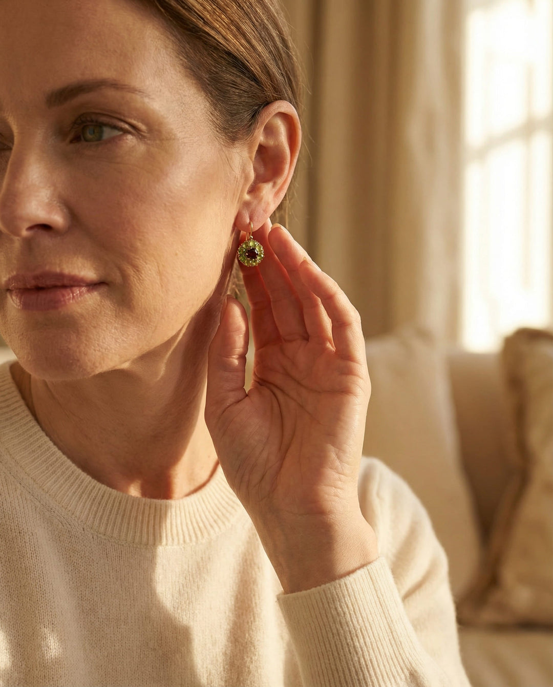 Vintage Round Earrings with Green and Red Crystals